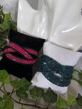 Set of 2 Boho Seed Bead Open Cuff Bracelets Teal & Hot Pink Woven